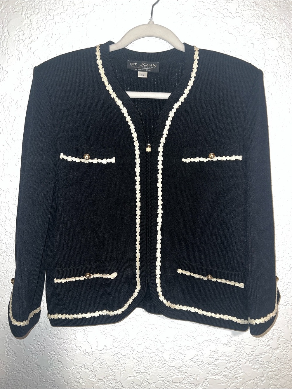 St. John Black Knit Jacket with Cream Trim